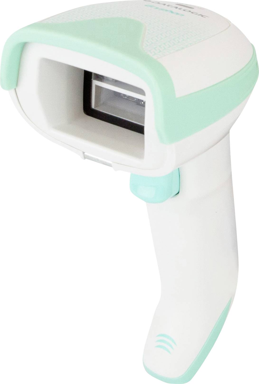 Een witte en turquoise barcodescanner met een trekkerhandgreep, ontworpen voor het uitlezen van barcodes in retail- of inventarisomgevingen.