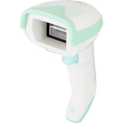 Een witte en turquoise barcodescanner met een trekkerhandgreep, ontworpen voor het uitlezen van barcodes in retail- of inventarisomgevingen.