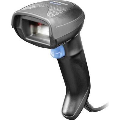 Een zwarte handmatige barcodescanner met een zichtbare rode laser, gebruikt voor het lezen van barcodes in retail- of voorraadbeheersituaties.