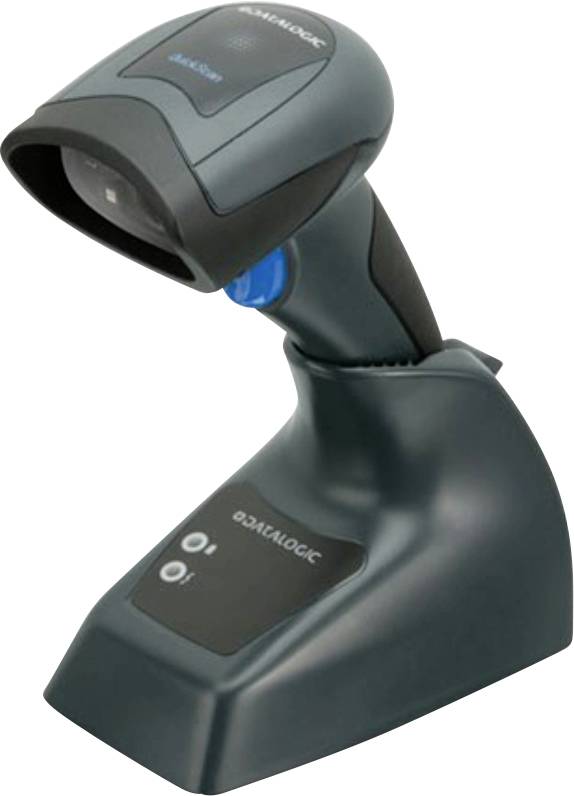 Een draagbare barcodescanner met een oplaadstation, hoofdzakelijk gebruikt voor het scannen van productbarcodes in retail of magazijnbeheer.