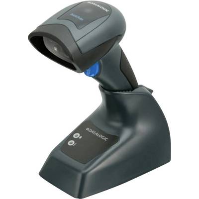 Een draagbare barcodescanner met een oplaadstation, hoofdzakelijk gebruikt voor het scannen van productbarcodes in retail of magazijnbeheer.
