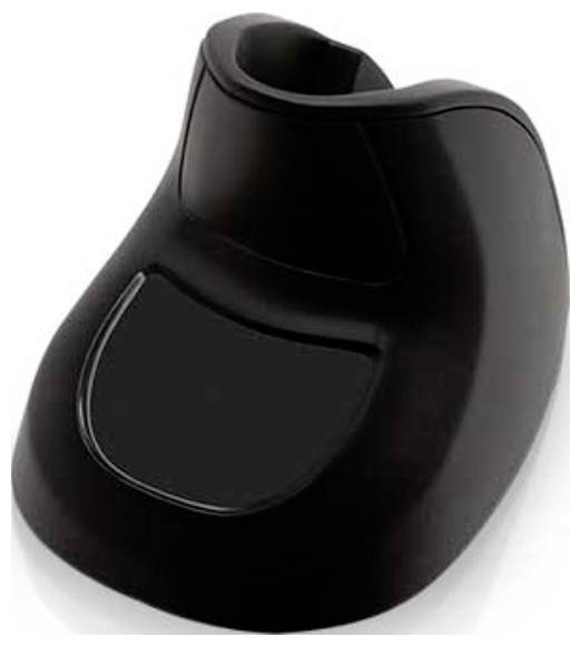Een zwarte scheerapparaat-oplaadstandaard met een strak, compact ontwerp, voorzien van een gebogen, ergonomische vorm die geschikt is voor het vasthouden en opladen van het apparaat.