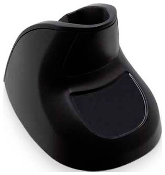 Een zwarte ergonomische verticale muis die is ontworpen om de belasting op pols en hand te verminderen.