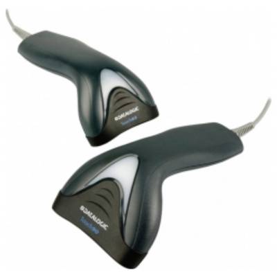 Twee donkergrijze barcodescanners met snoeren, voorzien van ergonomische handgrepen. Beide zijn licht gekanteld, waarbij de merknaam 'Datalogic' zichtbaar is.