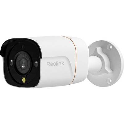 Een witte Reolink beveiligingscamera gemonteerd op een muur, met een zwarte voorkant voorzien van een lens en LED-verlichting, ontworpen voor buitenbewaking.