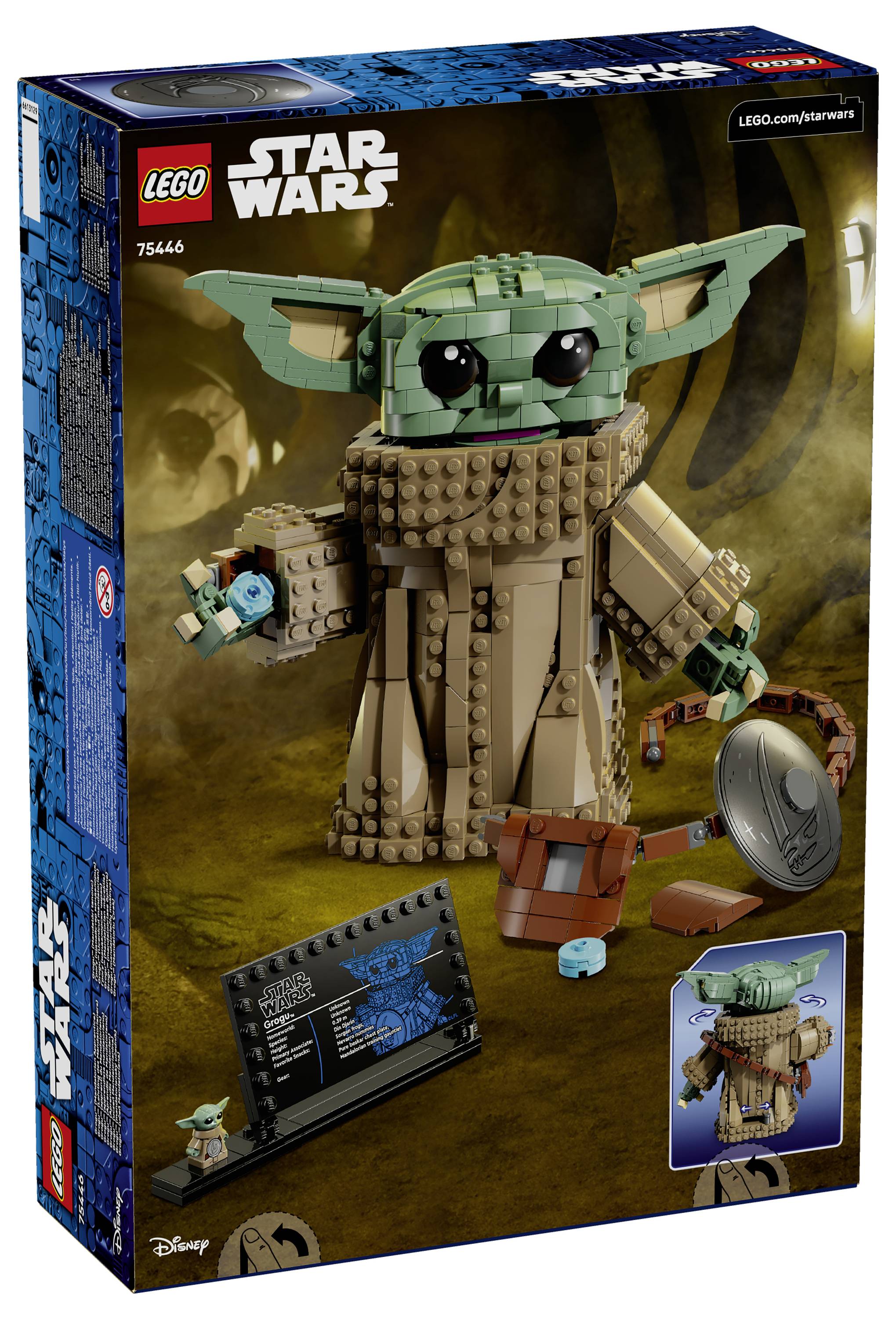 Legodoos met een 'Star Wars' karakterset met bouwstenen. De afbeelding toont het geconstrueerde figuur en bevat montagedetails.