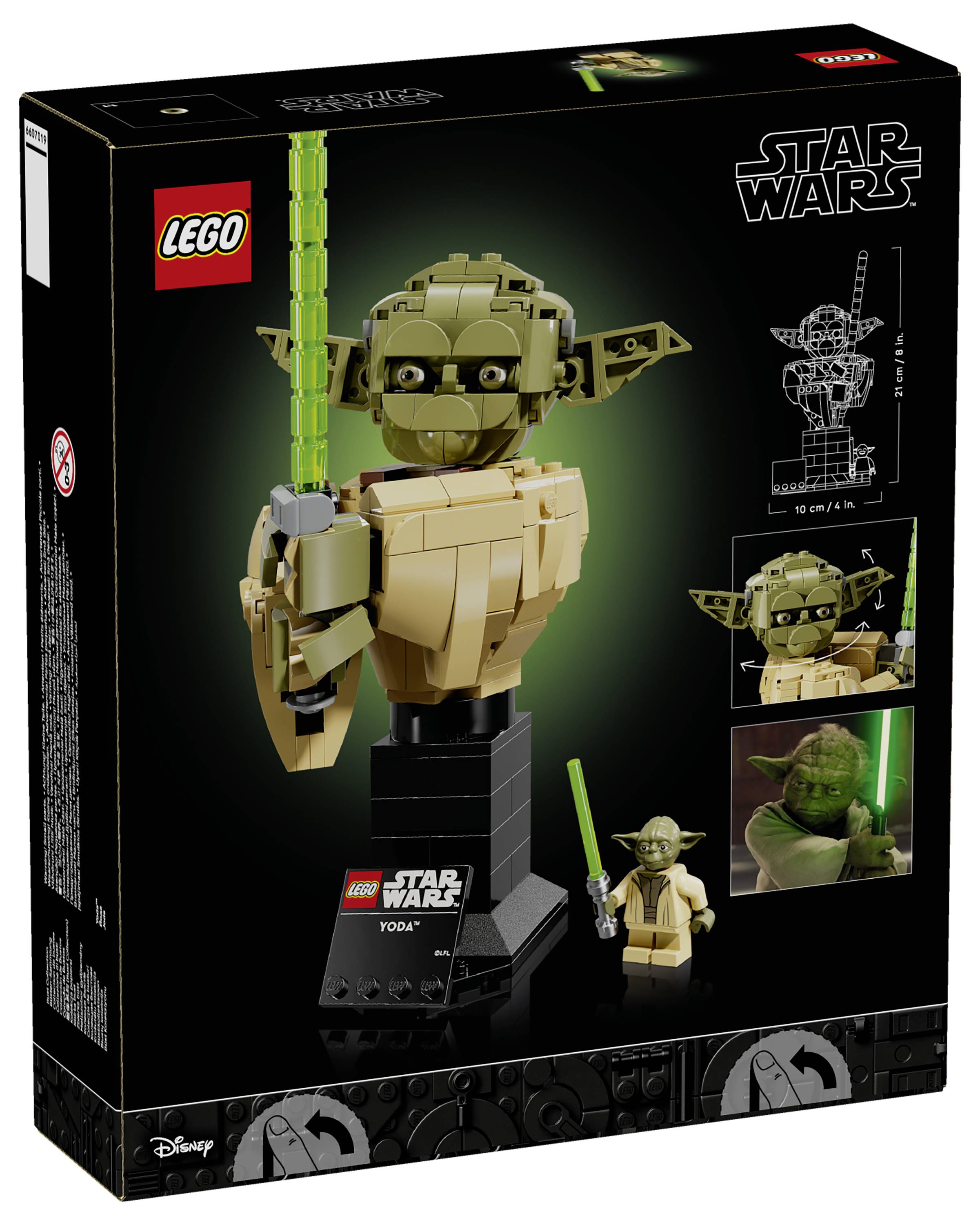 Een LEGO Star Wars-setdoos met een bouwbare Yoda met een lichtzwaard. Bevat afbeeldingen van het voltooide model en minifiguur.