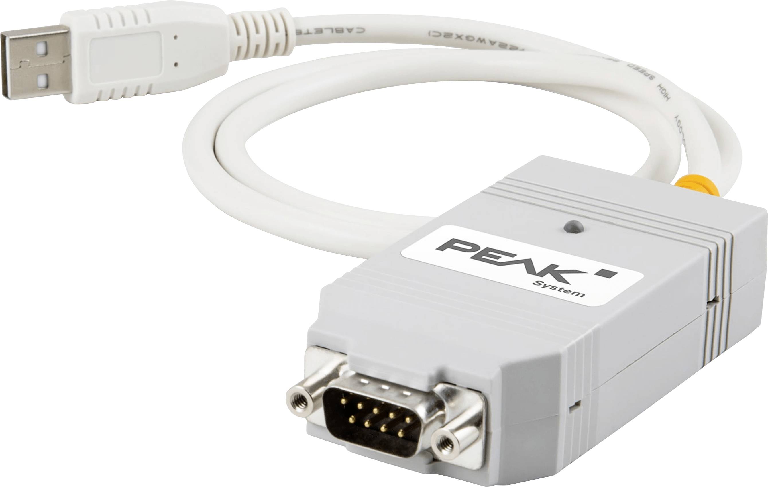 'Een grijze USB naar 9-pins RS232 seriële kabeladapter met een USB-stekker aan het ene uiteinde en een seriële connector aan het andere uiteinde, gebruikt voor gegevensoverdracht.'