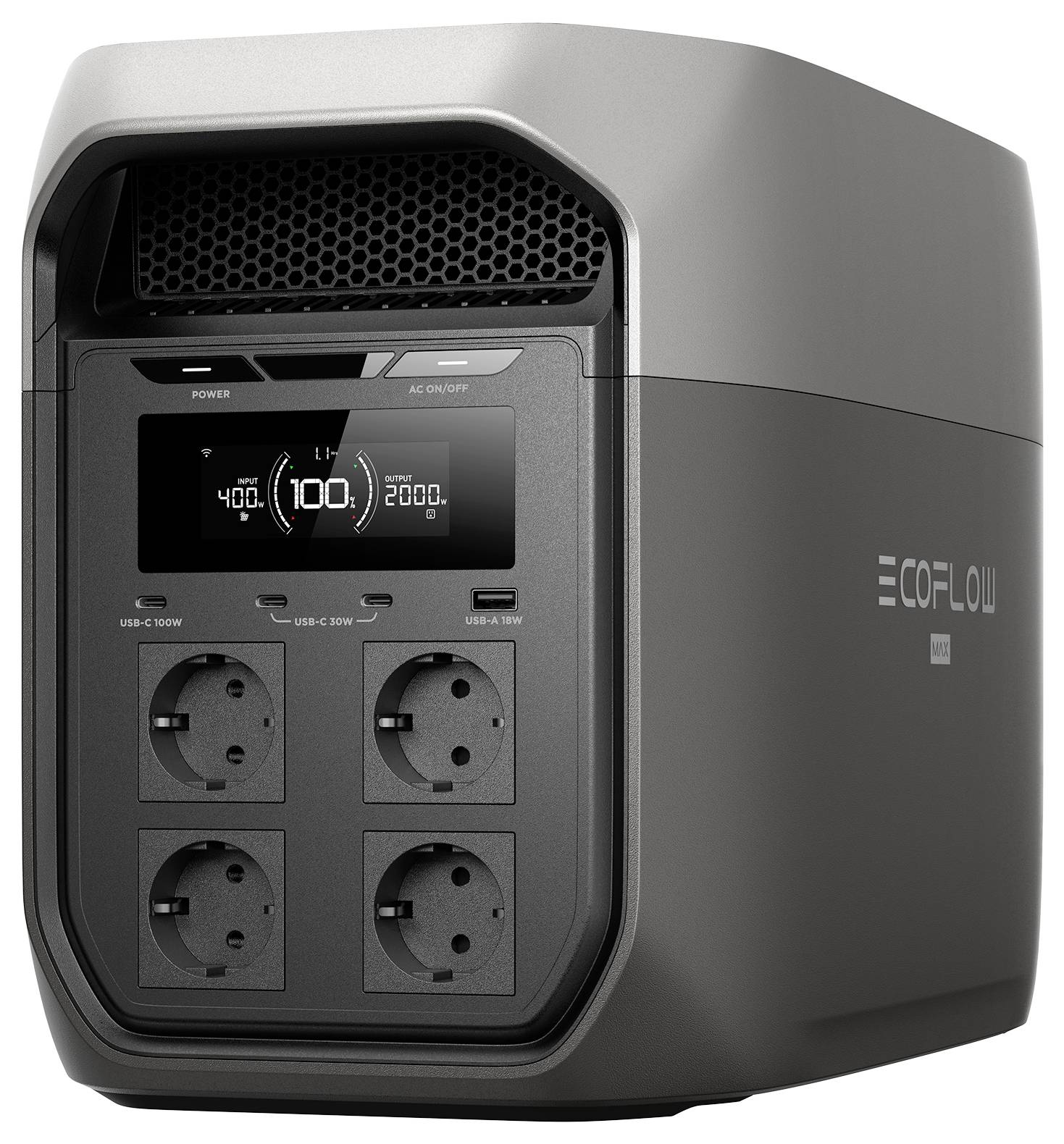 Een draagbaar energiestation met een lcd-scherm dat batterijpercentage, invoer/uitvoerstatus en meerdere AC-stopcontacten weergeeft.