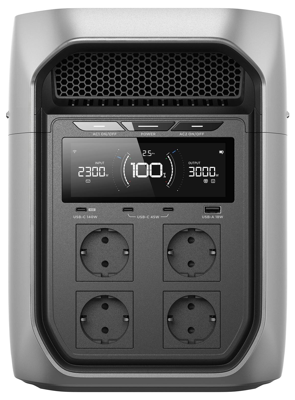 Draagbaar powerstation met vier stopcontacten en een display dat de ingaande en uitgaande wattage toont, omgeven door een metalen behuizing.