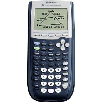 Een grafische rekenmachine die een driehoek weergeeft met geometrische notaties en berekeningen op het scherm. Het apparaat is het TI-84 Plus-model.