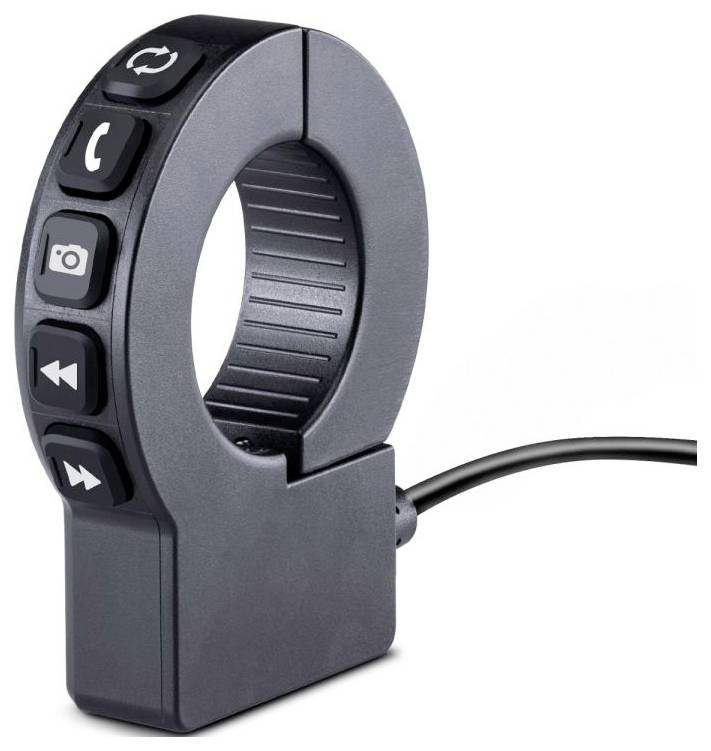 Een ronde, zwarte bluetooth-afstandsbediening met vier knoppen voor bel-, camera- en mediafuncties. Een kabel steekt uit aan de zijkant.