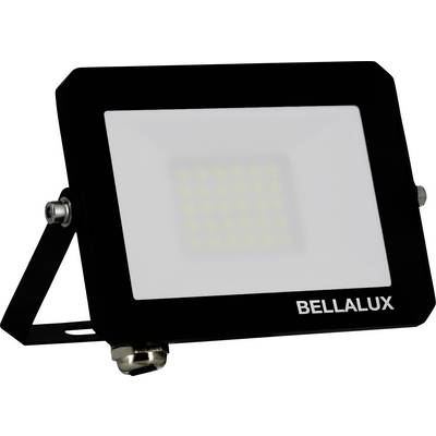 Een zwarte rechthoekige LED schijnwerper met een gemerkt 'BELLALUX' label, voorzien van een gemonteerde beugel voor installatie.