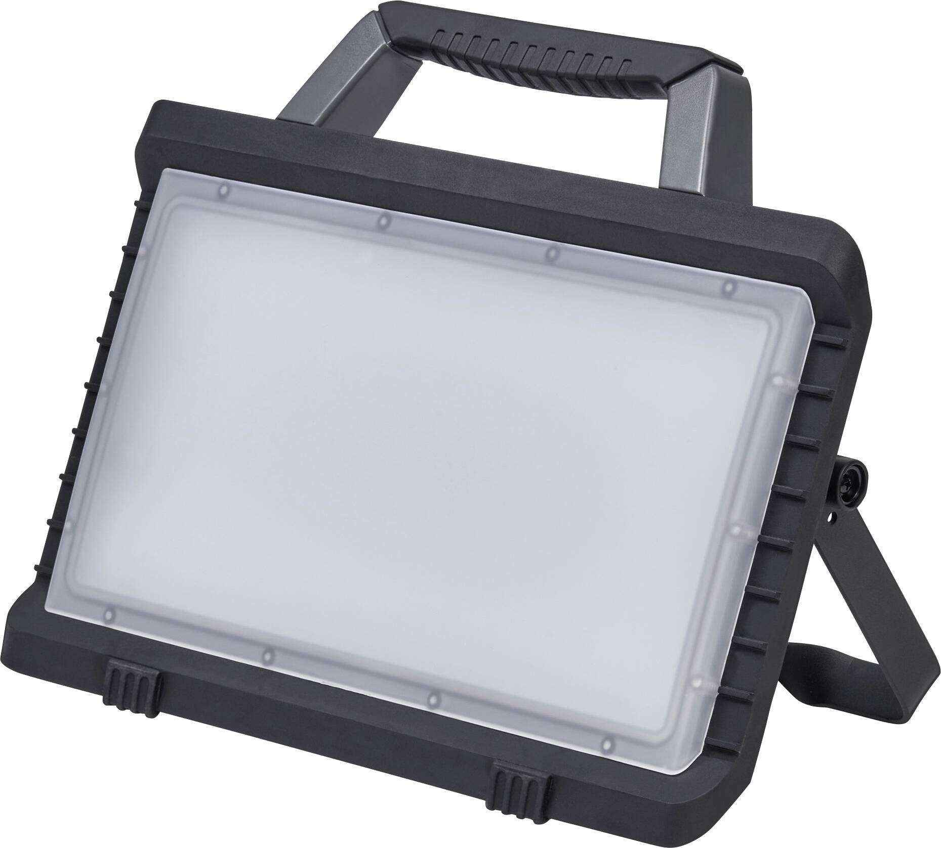 Een zwarte, draagbare LED schijnwerper met een rechthoekig lichtpaneel en een stevig handvat voor dragen of bevestigen. Ideaal voor gebruik buitenshuis.