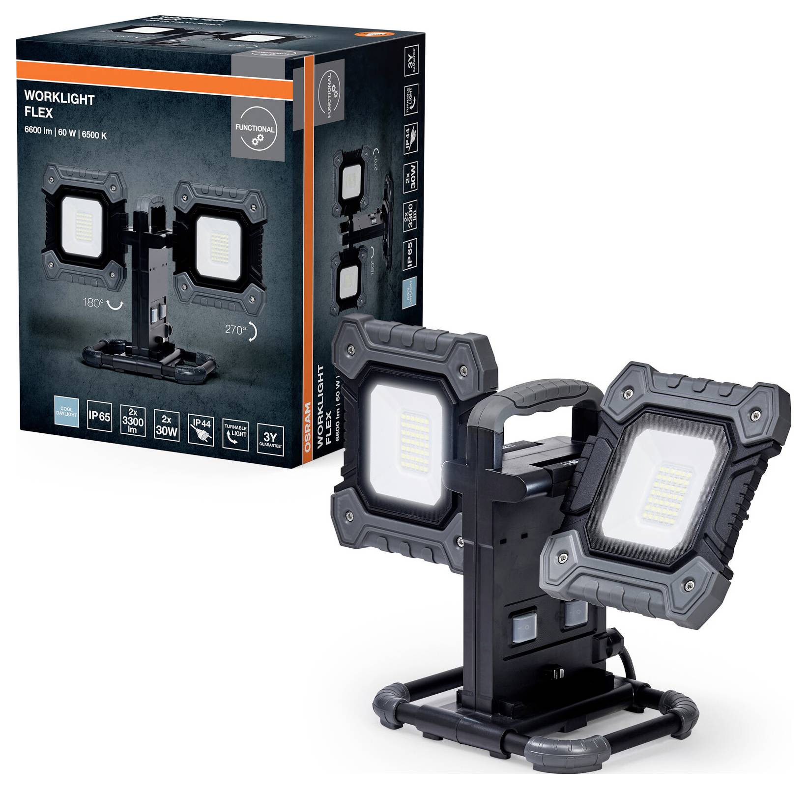 Draagbare werklamp met twee verstelbare LED-panelen, getoond met zijn verpakking. Panelen kunnen roteren onder 180° en 270° hoeken voor flexibele verlichting.