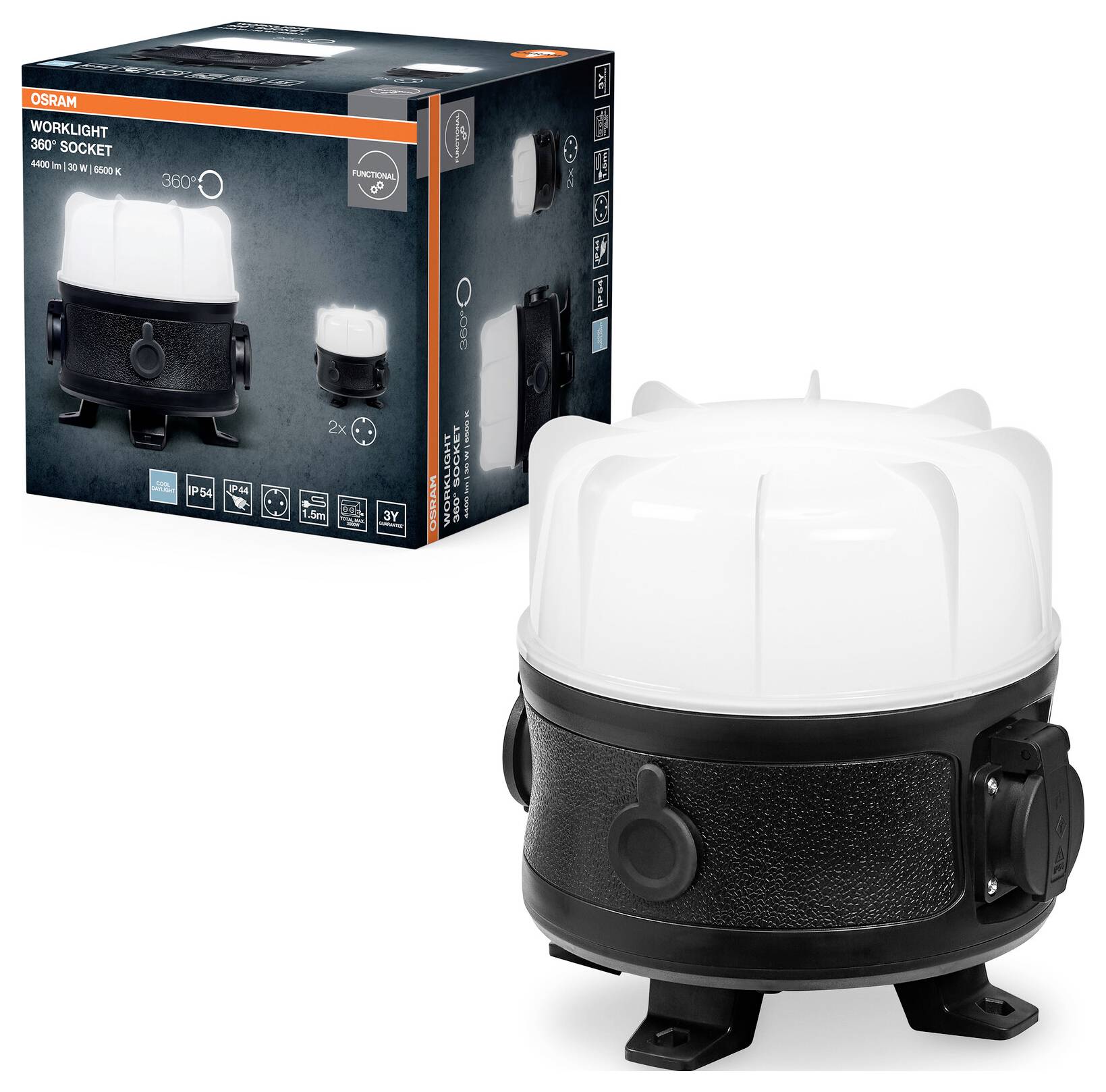 Een 360° werklamp van OSRAM, met een compacte vormgeving en een zwarte voet en witte koepel. Productverpakking toont specificaties en kenmerken.