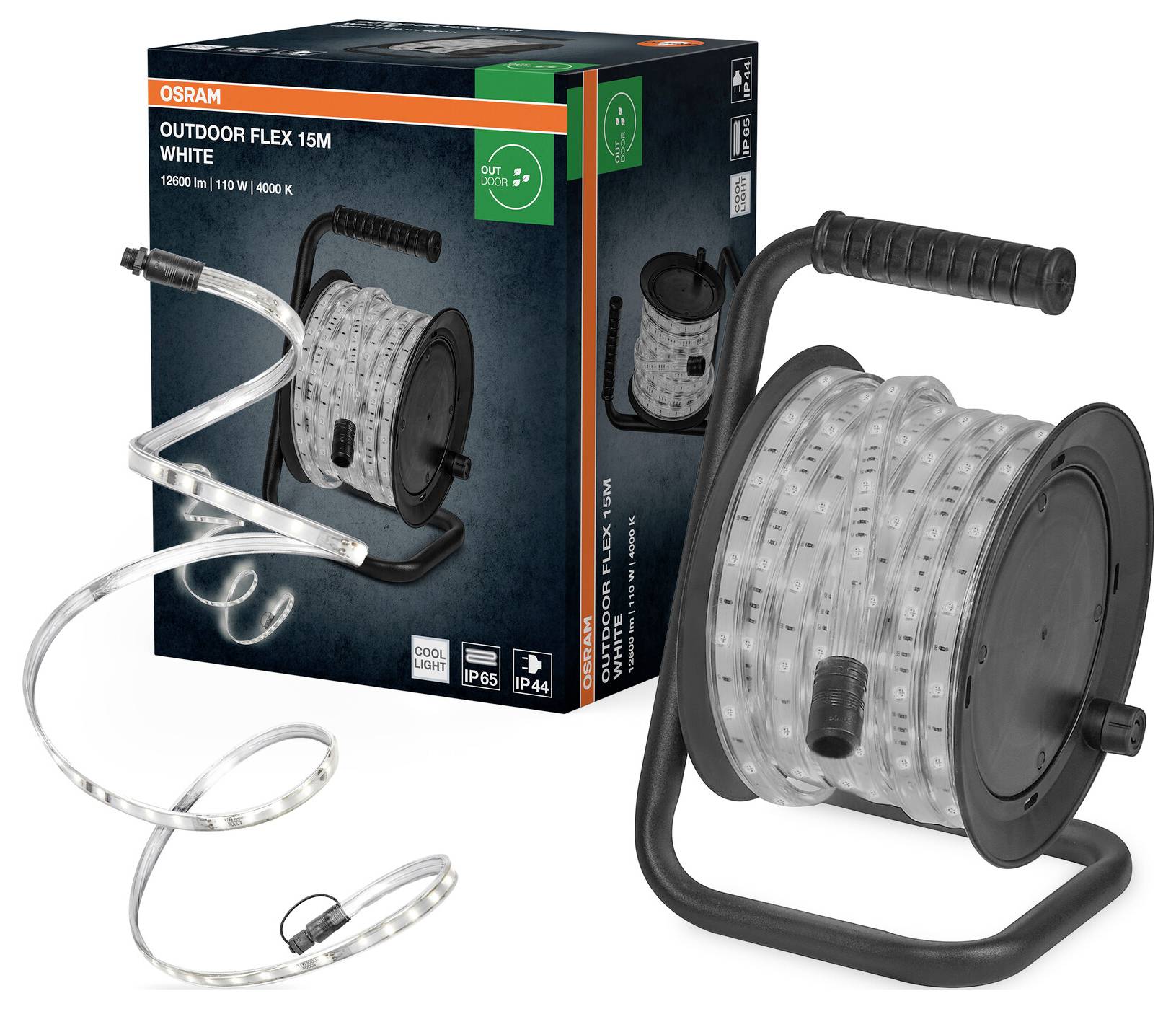 'Een productafbeelding van de Osram Outdoor Flex 15M White LED-strip op een rol met verpakkingsdoos. Geschikt voor buitengebruik, 15 meter lang.'