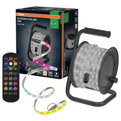 'OSRAM Outdoor Flex 20M RGB' LED-lichtstrip met afstandsbediening, met demonstratie van kleurveranderende mogelijkheden, voor de productverpakking.