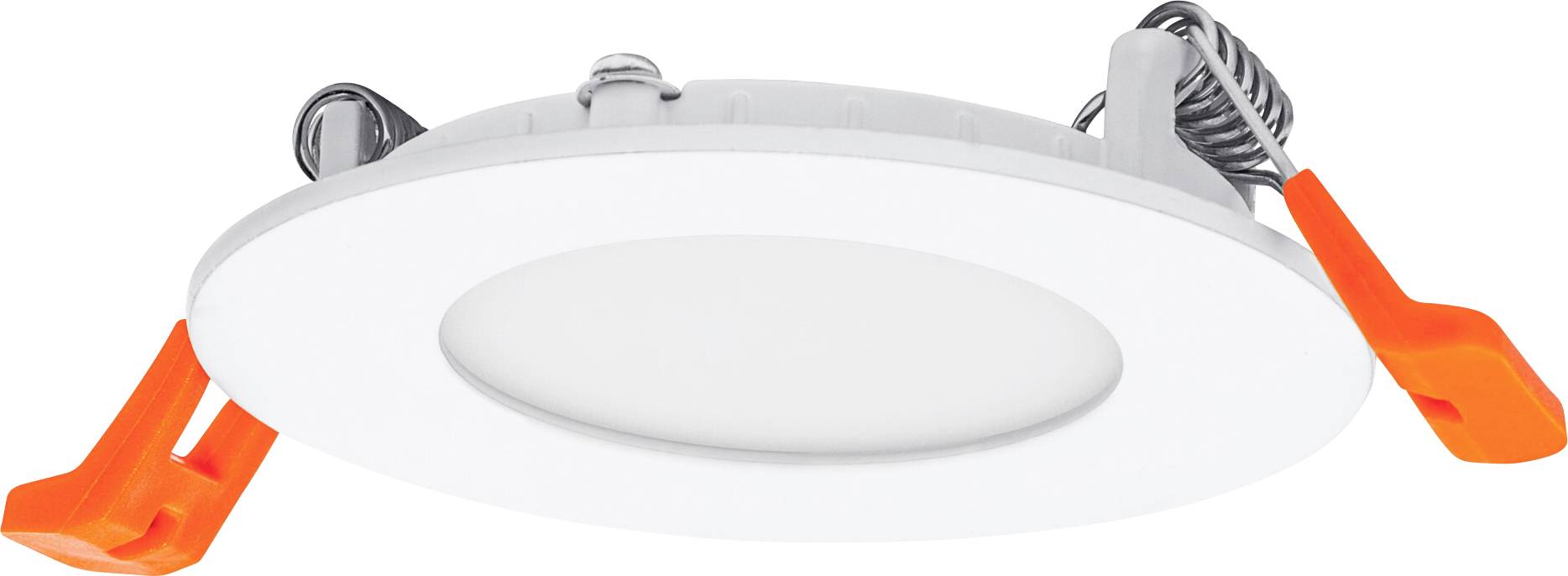Ronde inbouw LED-armatuur met oranje clips, ontworpen voor plafondmontage, voorzien van een plat, wit oppervlak voor verlichting.