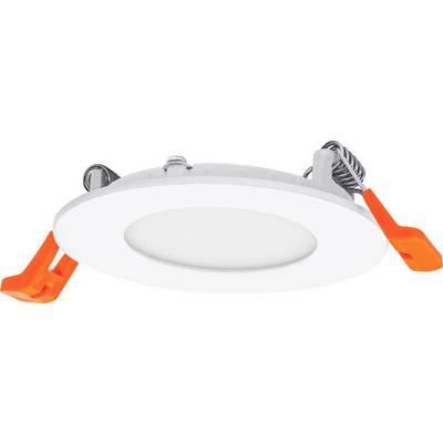 Ronde inbouw LED-armatuur met oranje clips, ontworpen voor plafondmontage, voorzien van een plat, wit oppervlak voor verlichting.