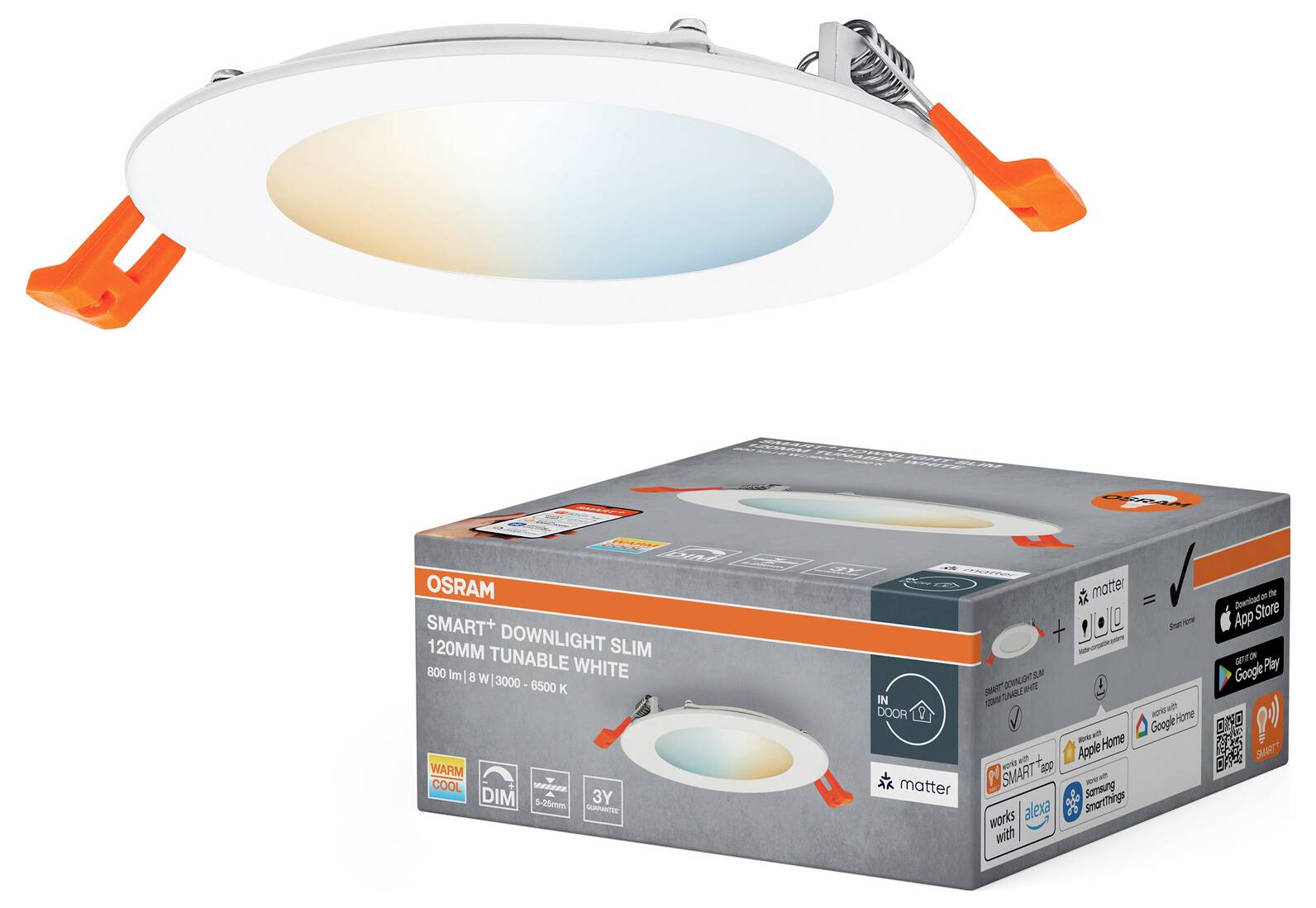 Een ronde, slimme LED-downlight met instelbaar wit licht, getoond boven zijn verpakking. De doos benadrukt kenmerken zoals 120 mm grootte en Matter-compatibiliteit.