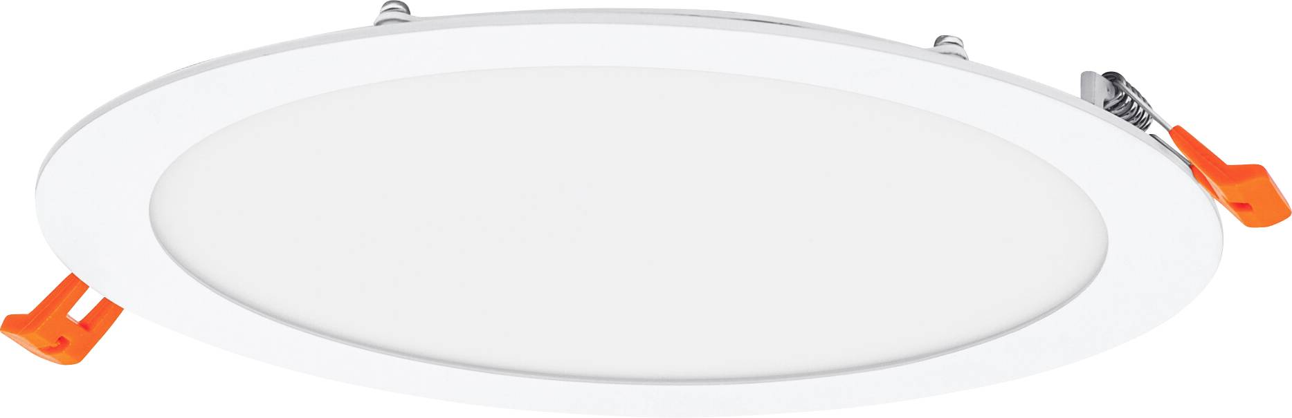 Een rond, wit LED-plafondlicht met oranje zijklemmen, ontworpen voor opbouwmontage.
