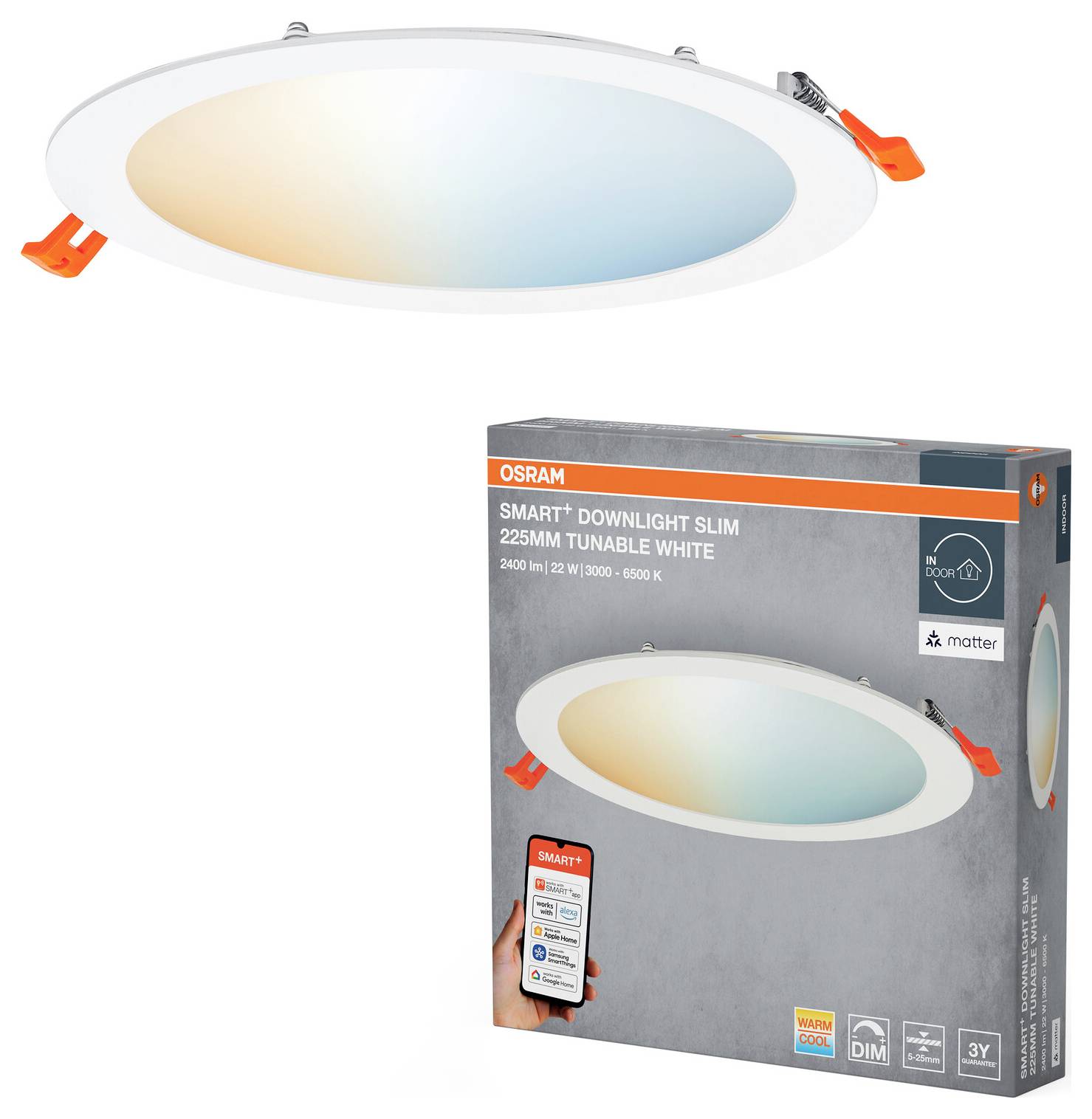 Circulaire slimme downlight met instelbaar wit licht, weergegeven met zijn verpakking. De doos benadrukt app-bediening en slimme huis compatibiliteit.
