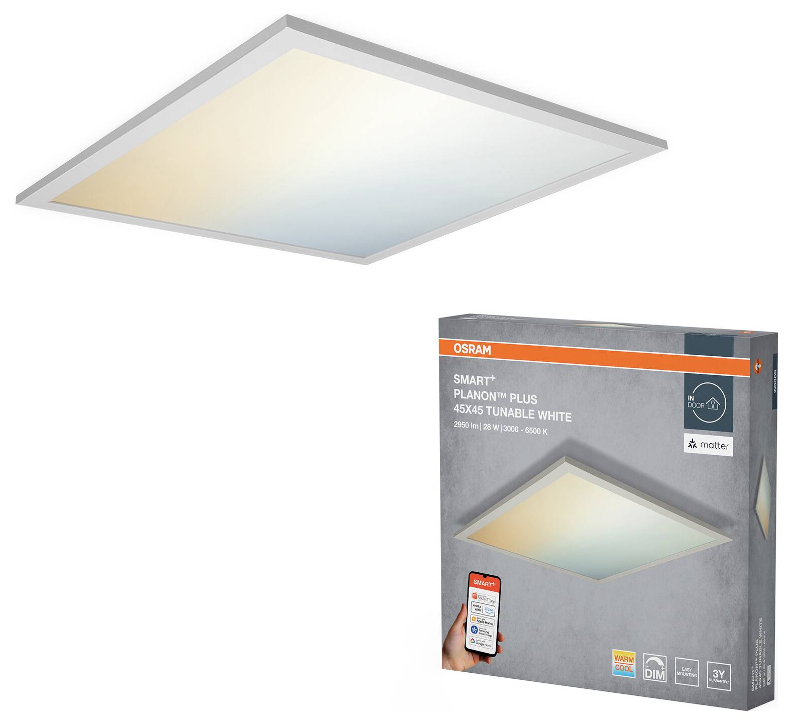 Een vierkante LED-paneel verlichting met aanpasbare witschakeringen naast zijn verpakking. 'Smart+ Planon Plus' biedt smartphonebediening.