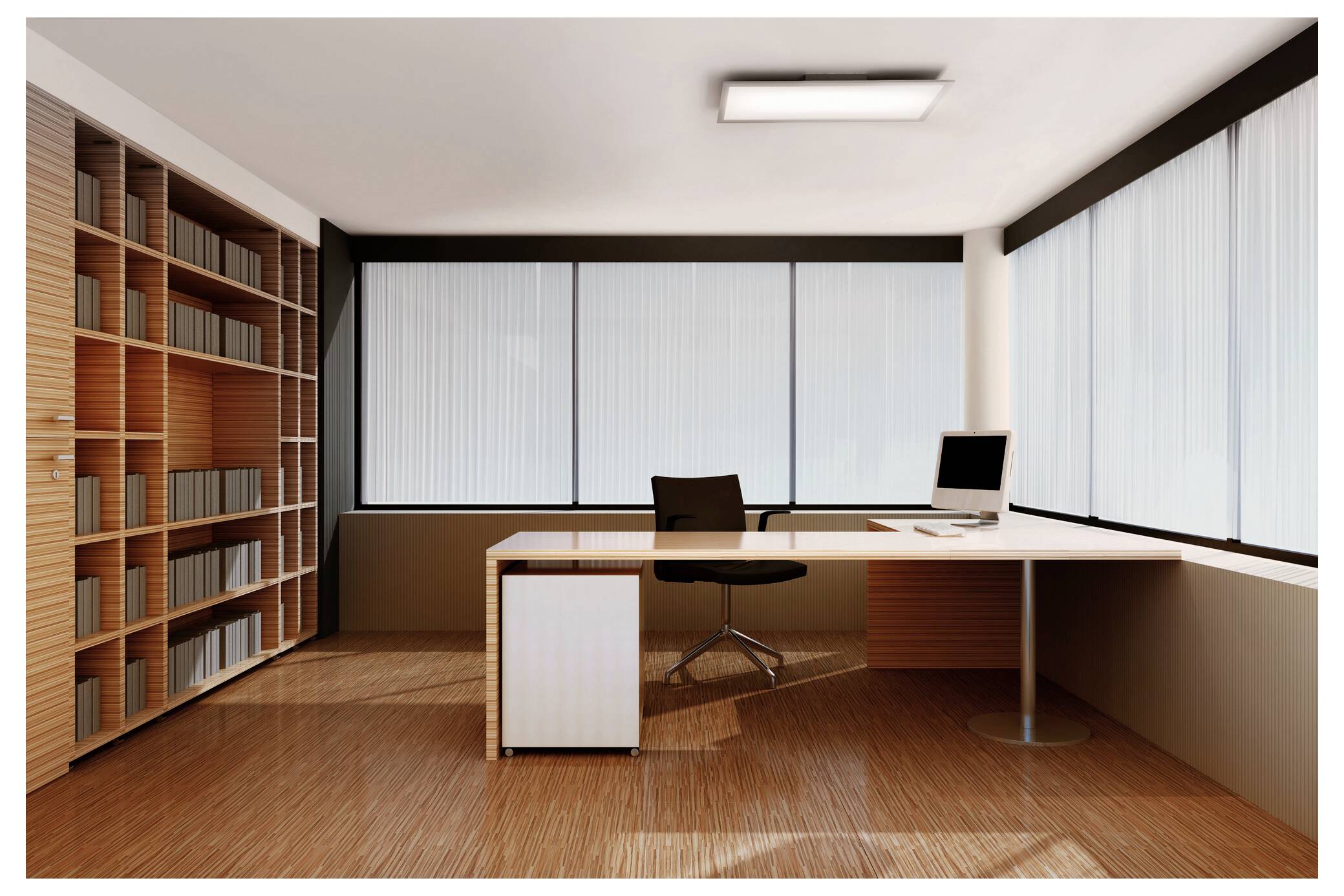 Een modern kantoor met een minimalistisch bureau, stoel, computer, grote ramen en een muur vol boekenplanken.