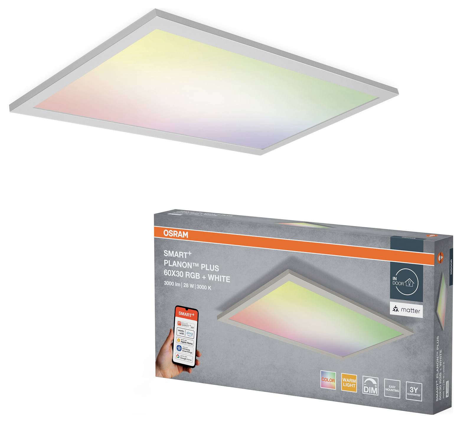 Een vierkant LED-paneel met meerkleurige mogelijkheden, naast de verpakking die de lamp toont en de slimme woningintegratie benadrukt.