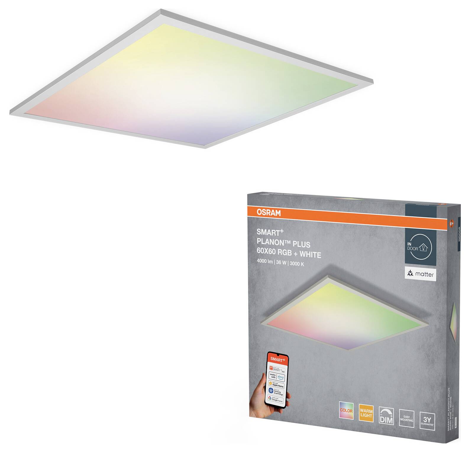 LED-plafondpaneel en zijn doos met 'Smart+ Planon' met RGB- en wit licht, compatibel met smart home systemen, app-bestuurd.