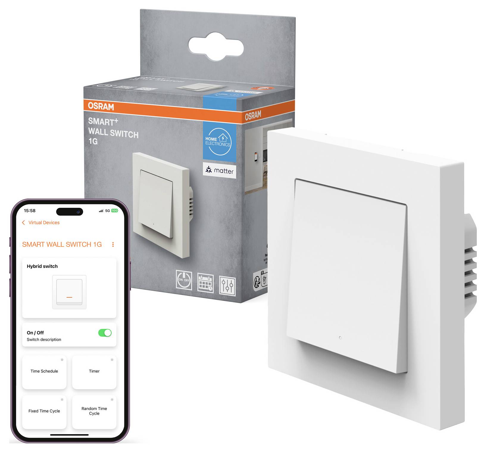 Slimme wandschakelaar verpakking en apparaatweergave. Doos bevat de Osram-schakelaar met compatibiliteitslogo's. Smartphonescherm toont de besturingsapp-interface.