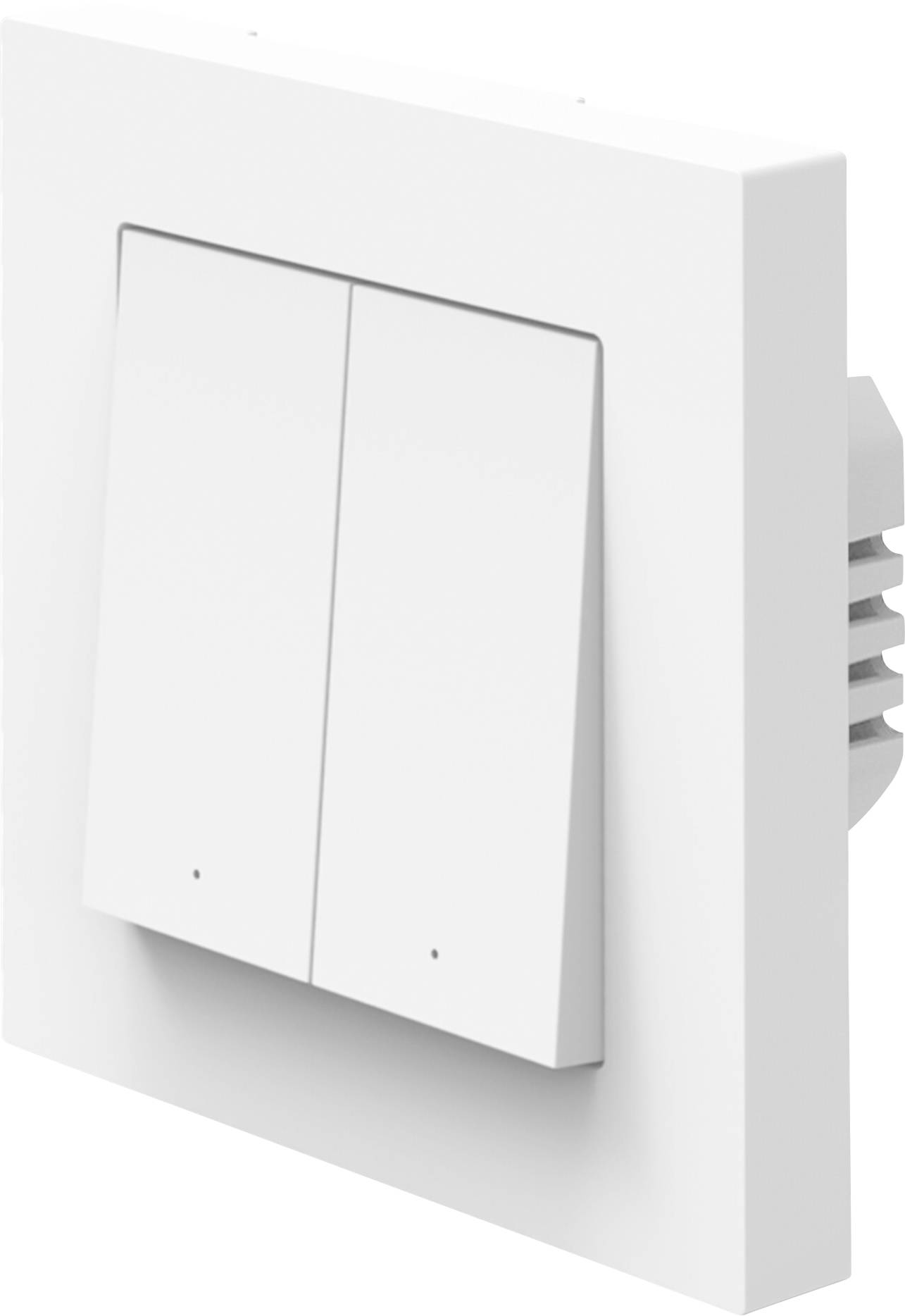 Een witte, tweeknoops lichtschakelaar gemonteerd op een muur, weergegeven vanuit een licht gehoekte positie, die het minimalistische ontwerp en de functionaliteit benadrukt.