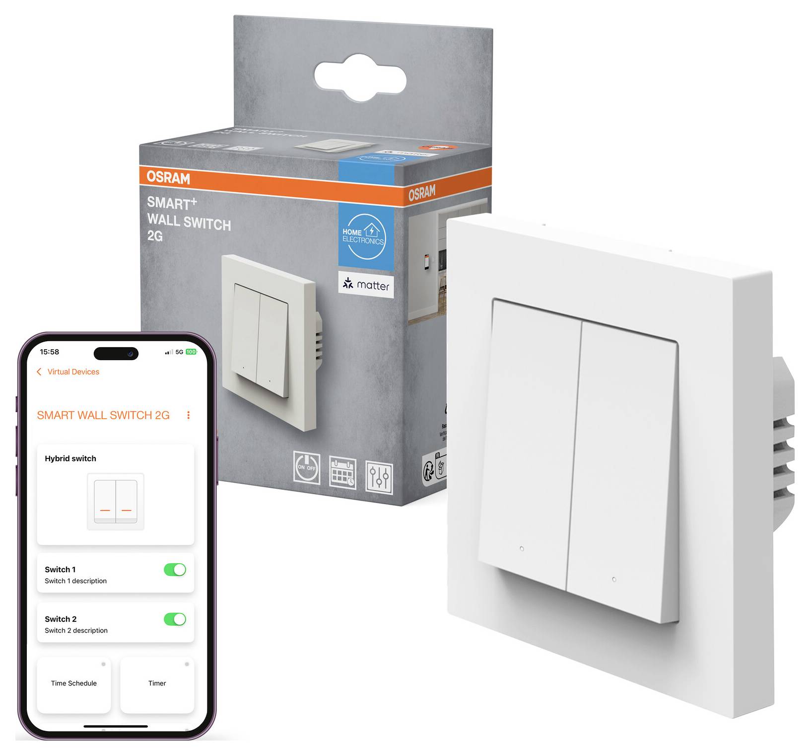 Slimme wandschakelaar en verpakking naast een smartphone die schakelaarbesturingen weergeeft, wat connectiviteit en slimme huis-integratie illustreert.