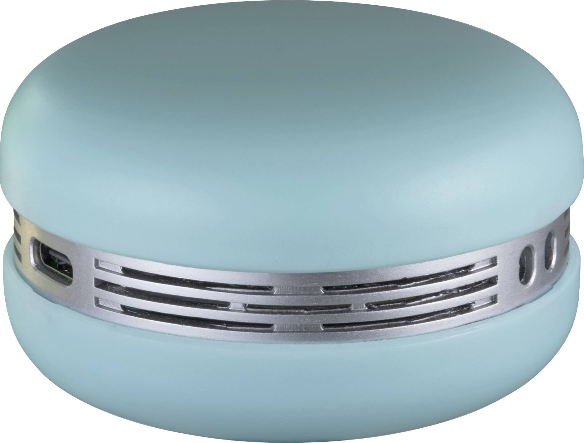 Een kleine, ronde, blauwe elektronische apparaat met een zilveren ventilatiereep rondom het midden, gelijkend op een macaron.