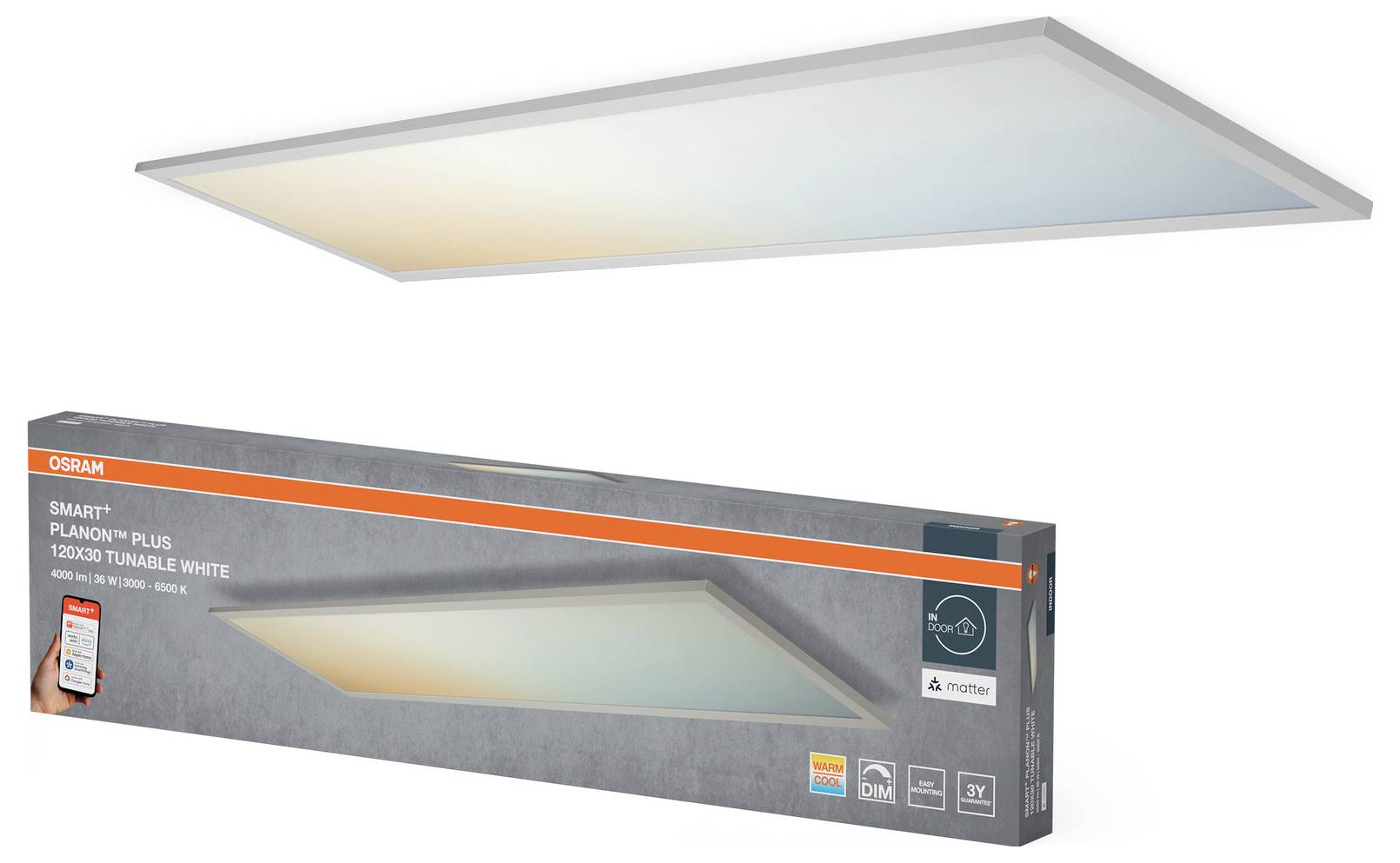 'OSRAM Smart+ Planon Plus 120x30 Tunable White' rechthoekig led-paneel naast zijn verpakkingsdoos.