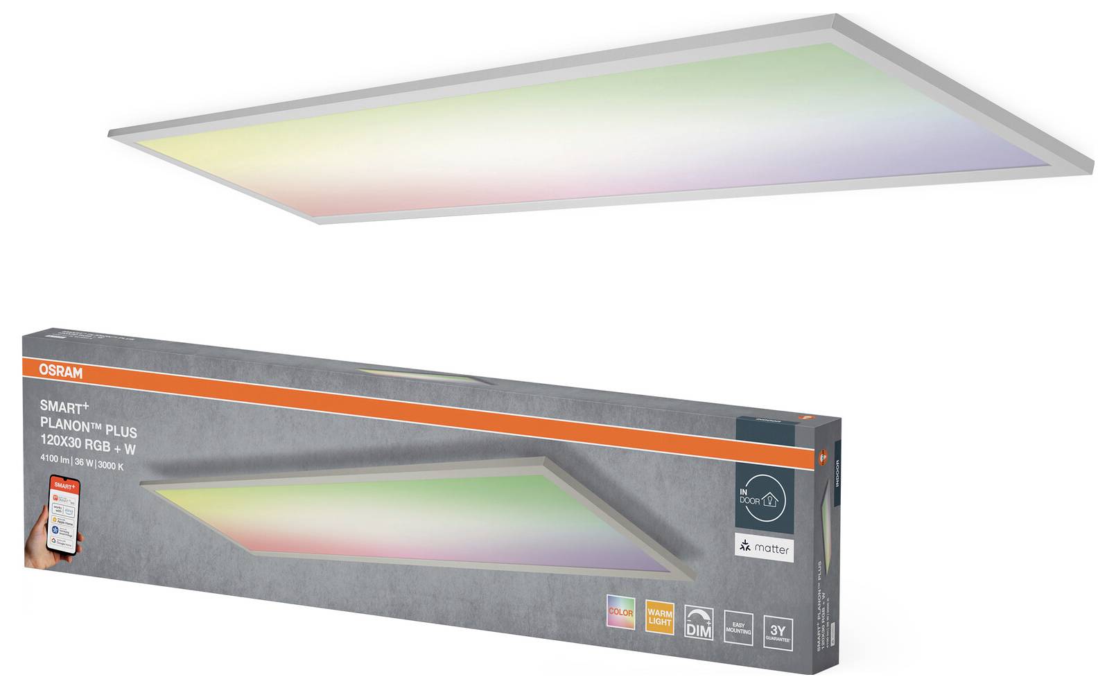 'OSRAM Smart+ Planon Plus 120x30 RGBW' getoond in verpakkings- en geïnstalleerde weergave, met een rechthoekig LED-paneel met een gradiënt lichteffect.
