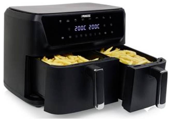 Een zwarte dubbele airfryer met twee manden en een digitaal display dat '200C' aangeeft. Beide manden staan open en zijn gevuld met frietjes.
