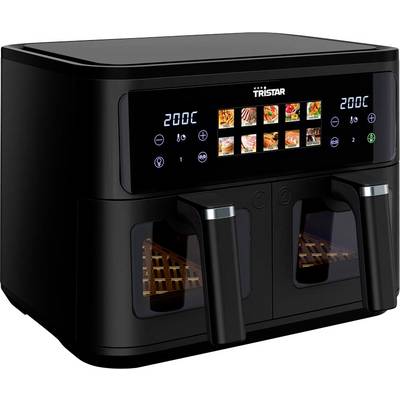 'Tristar' dubbele-mand luchfriteuse met digitaal display dat een temperatuur van 200°C weergeeft en afbeeldingen van negen verschillende voedselvoorinstellingen.