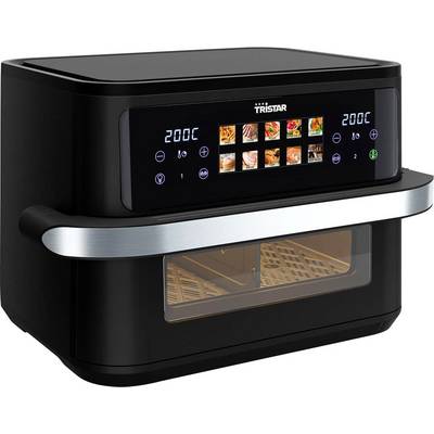 Een zwarte airfryer met een digitaal touchscreen waarop vooraf ingestelde kookopties en temperatuurinstellingen van 200°C worden weergegeven.