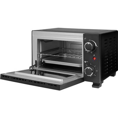 Een zwarte broodoven met een open voorpaneel, waarbij een metalen rooster en bakplaat binnenin zichtbaar zijn. De bedieningsknoppen aan de zijkant zijn duidelijk te zien.