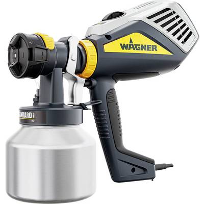 Een draagbare verfspuit van het merk 'Wagner', voorzien van een bevestigde container, ontworpen voor eenvoudige aanbrenging van verschillende soorten coatings op oppervlakken.