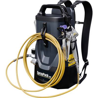 'Wagner SprayPack 18V' rugzakgedragen verfspuit met verstelbare riemen, bijgeleverde spuitkop en gekrulde slang voor veelzijdig schilderwerk.