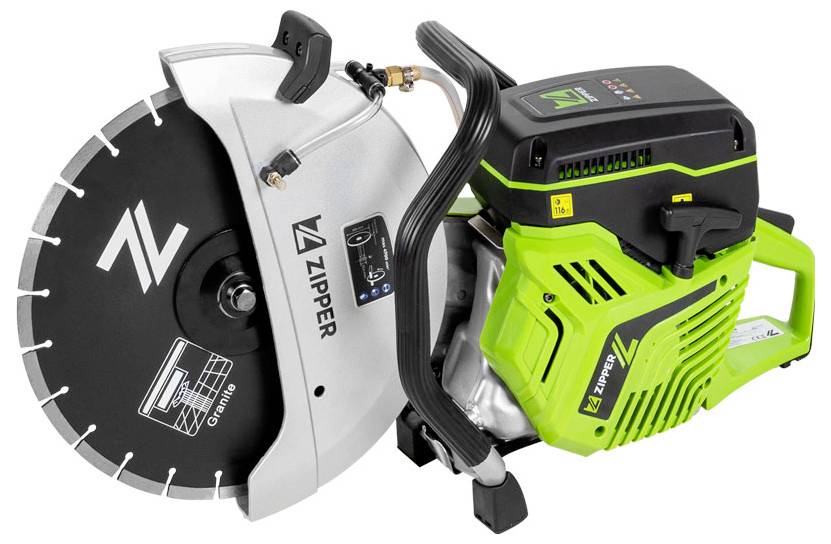 'Zipper' gemerkte draagbare elektrische snijder met een groot cirkelmes en groene behuizing. Ontworpen voor zware snijwerkzaamheden.