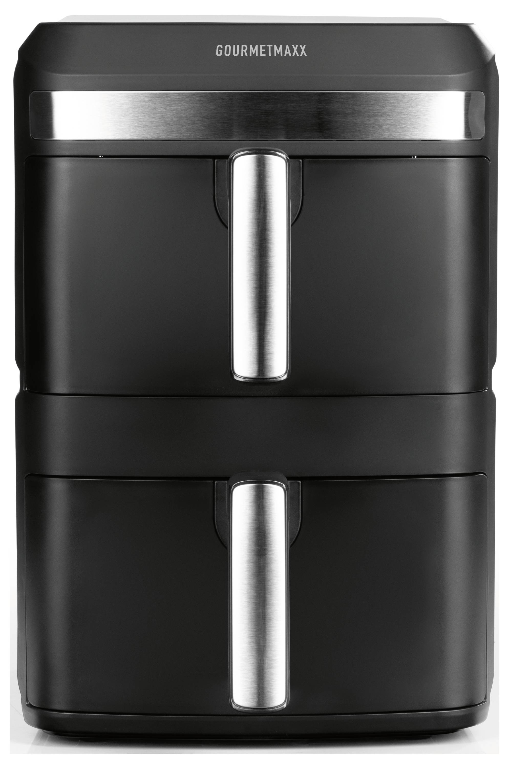 Een tweemandjes airfryer met twee handgrepen en een strak, zwart design, met het merk 'Gourmetmaxx' op de bovenkant.