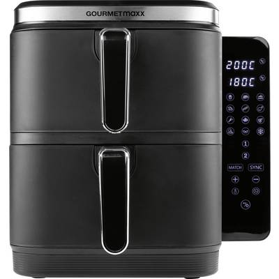 'GOURMETmaxx' dubbele-mand airfryer met digitaal bedieningspaneel, met weergave van 200°C en 180°C. Voorzien van match- en sync-knoppen.