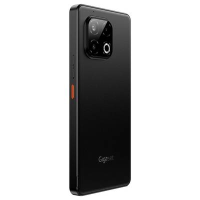 'Strakke zwarte smartphone met een dubbele cameraconfiguratie aan de achterkant, waarbij de zijknoppen zichtbaar zijn en de merknaam Gigaset onderaan staat.'