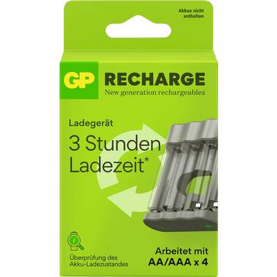 Groene retailverpakking van GP Recharge batterijlader. Tekst luidt 'Oplader 3 uur laadtijd'. Bevat AA/AAA-lader voor vier batterijen.