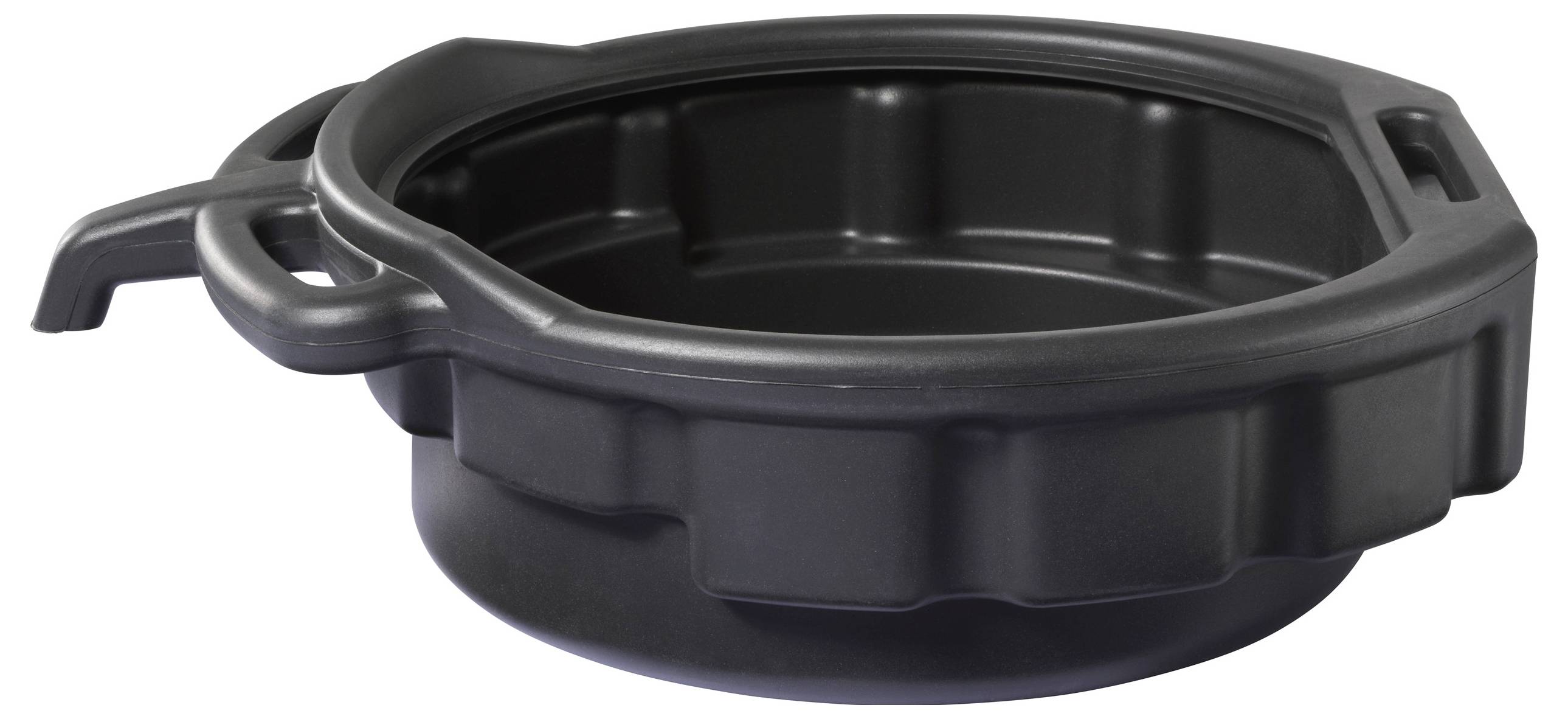 Een zwart plastic olieopvangbak met een tuit en handgrepen aan de zijkanten, ontworpen voor het opvangen en overbrengen van gebruikte automotiefvloeistoffen.