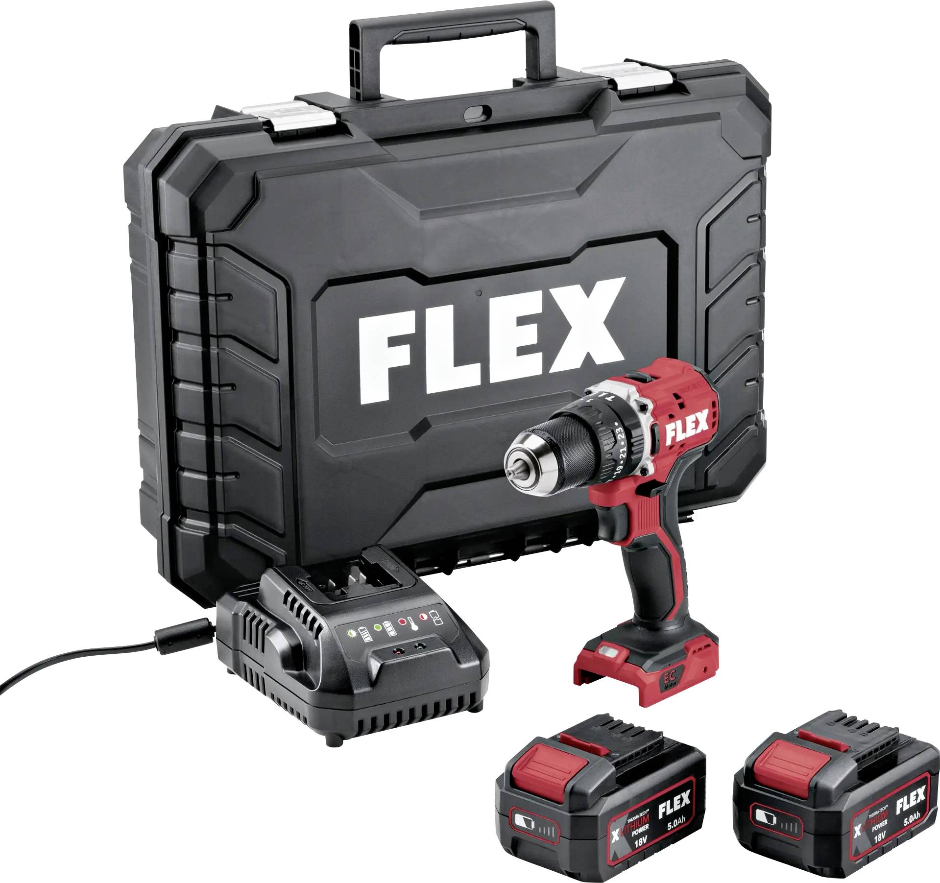 Een accuboormachine set inclusief een boormachine, twee batterijen, een oplader en een draagtas gelabeld 'FLEX'.